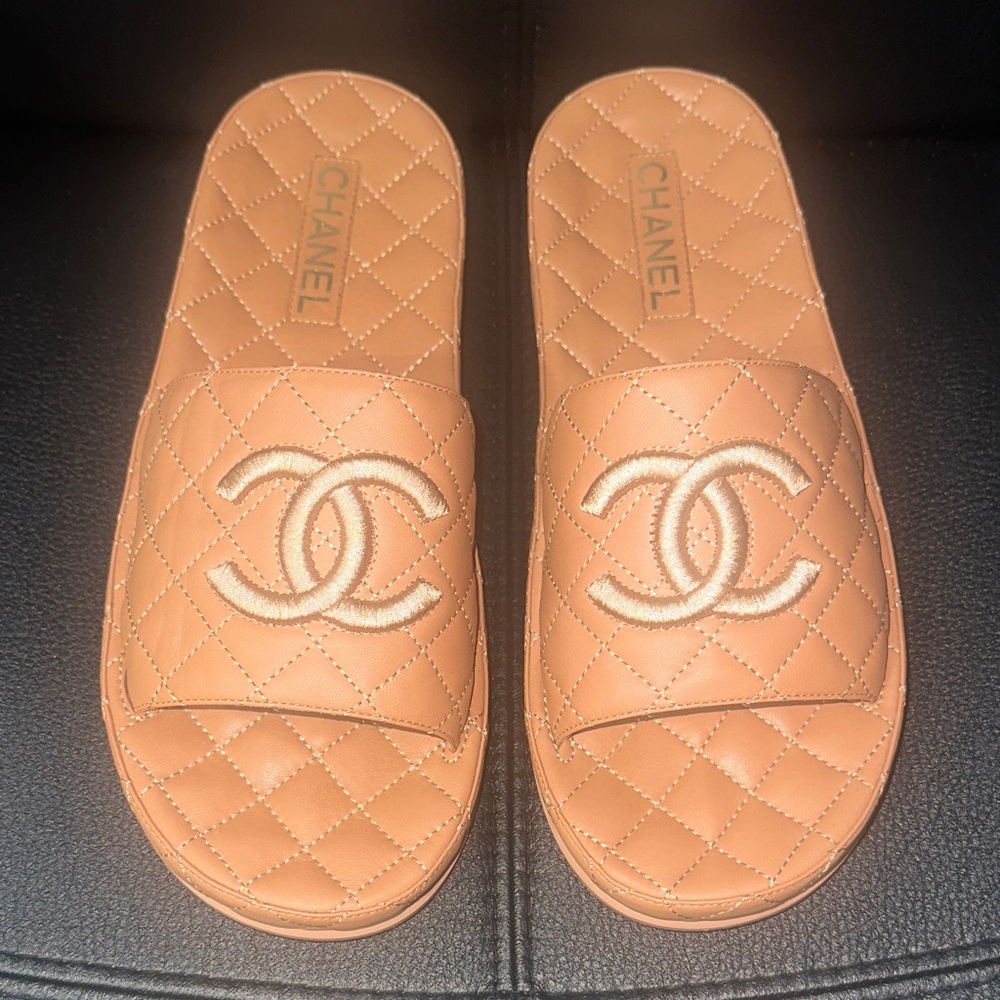 Chanel Quilted Leather Slides in Warm Tan